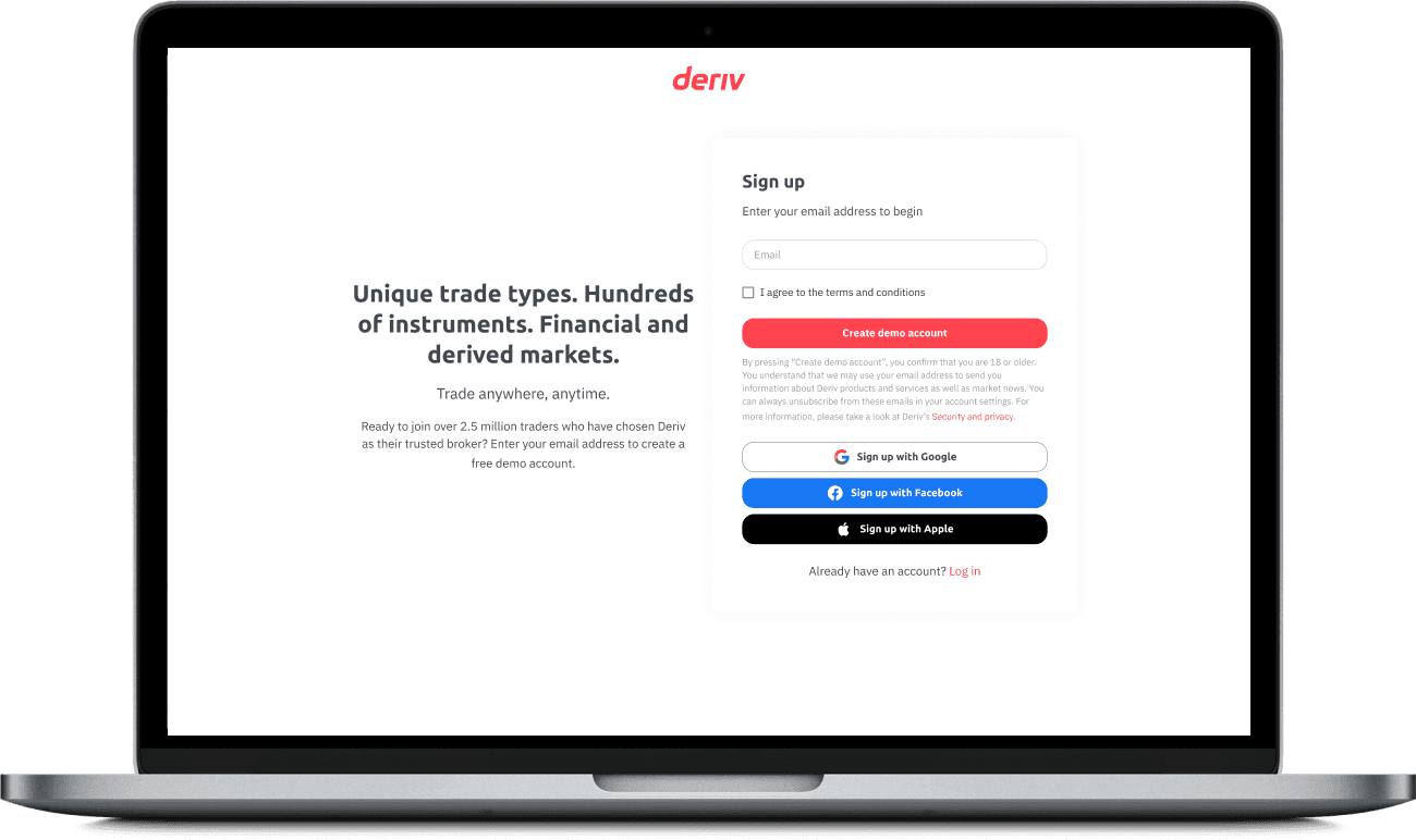 Deriv X demo account signup page